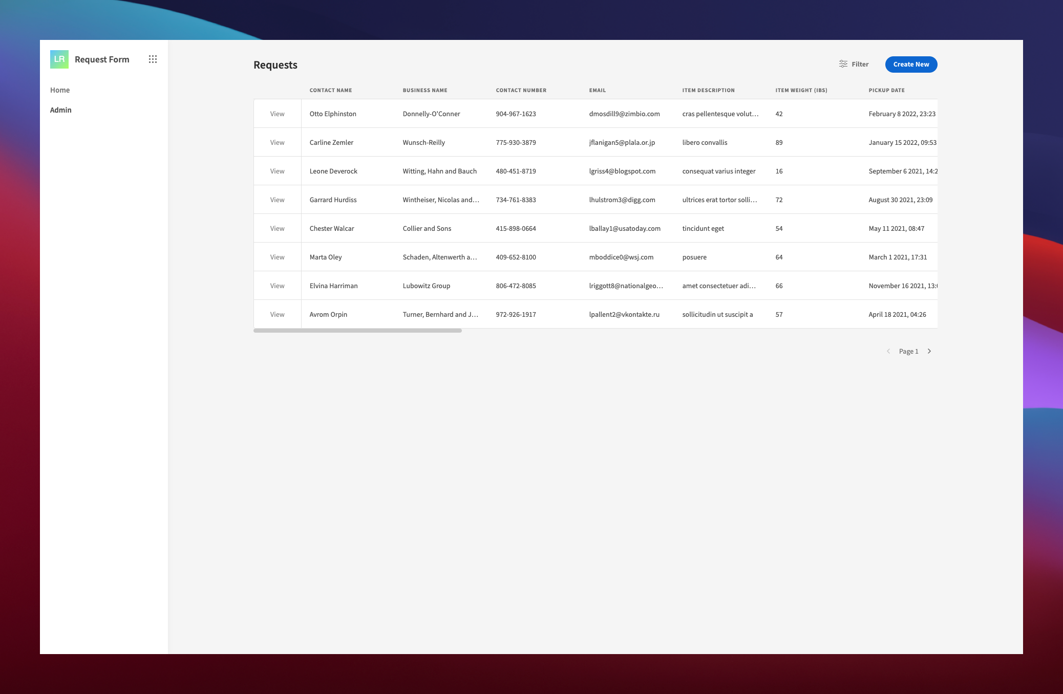 Logistics Request Management Screen