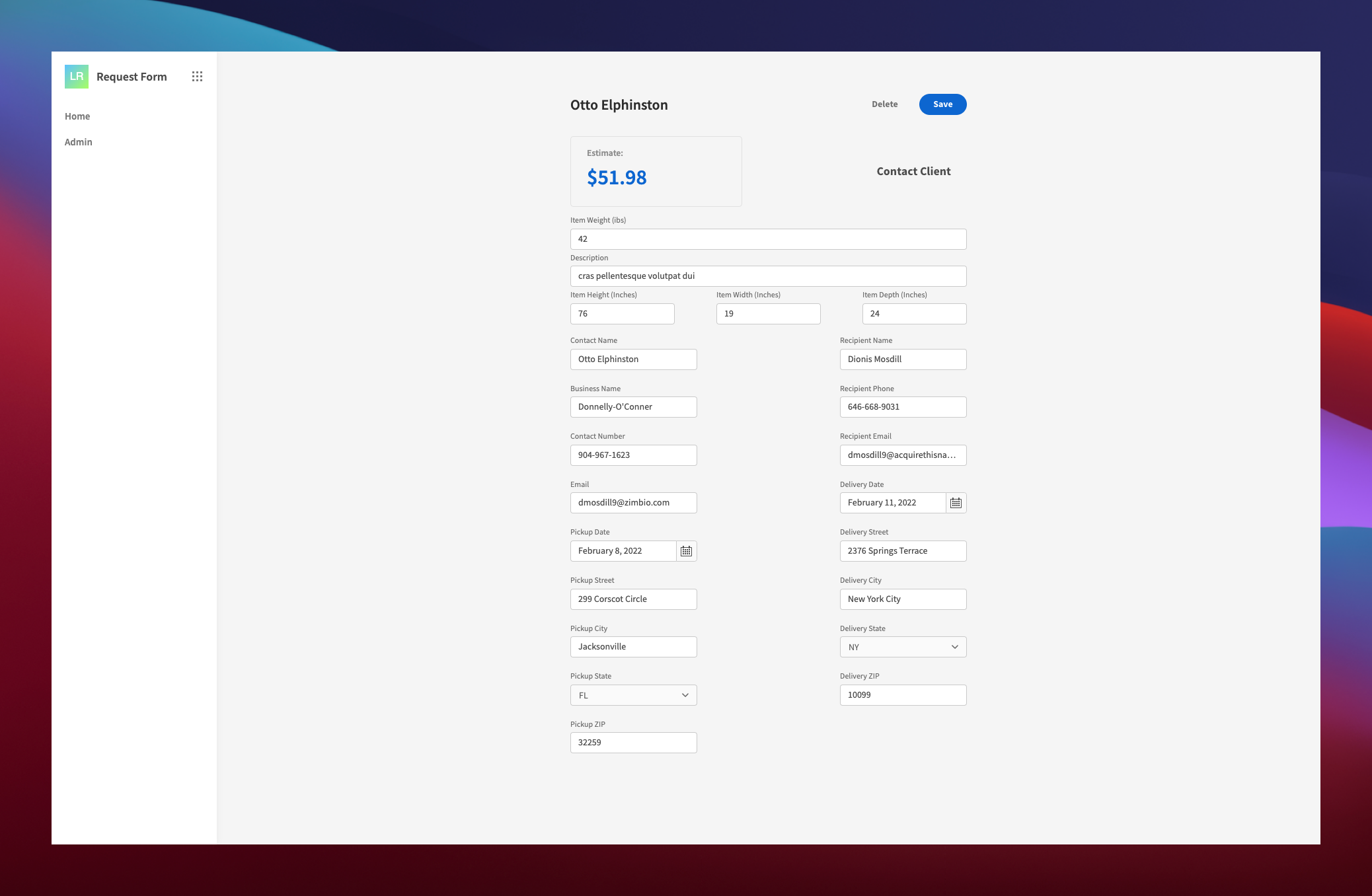 Logistics Request Form Templae Edit Screen