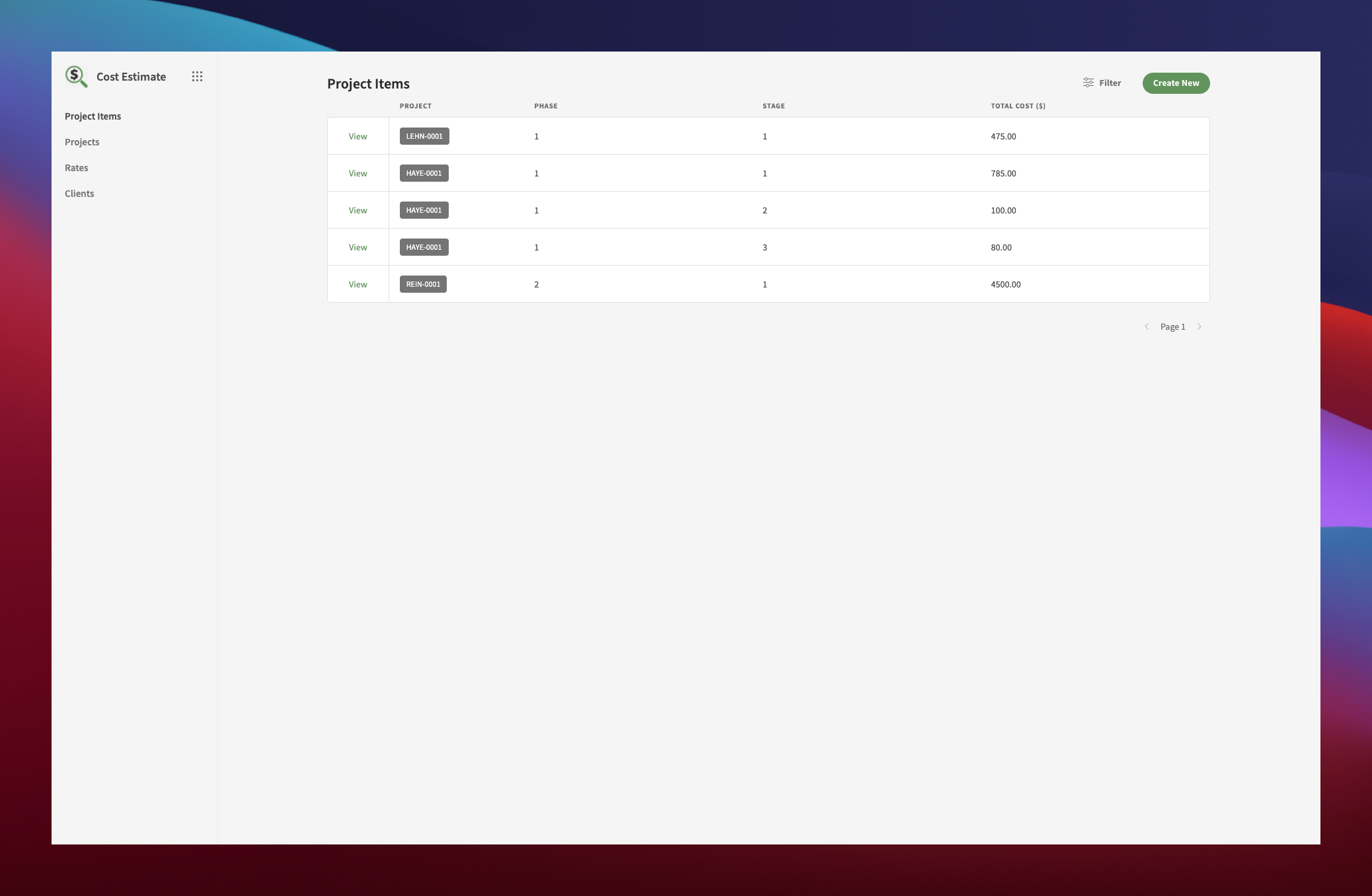 Cost Estimation Template Homescreen