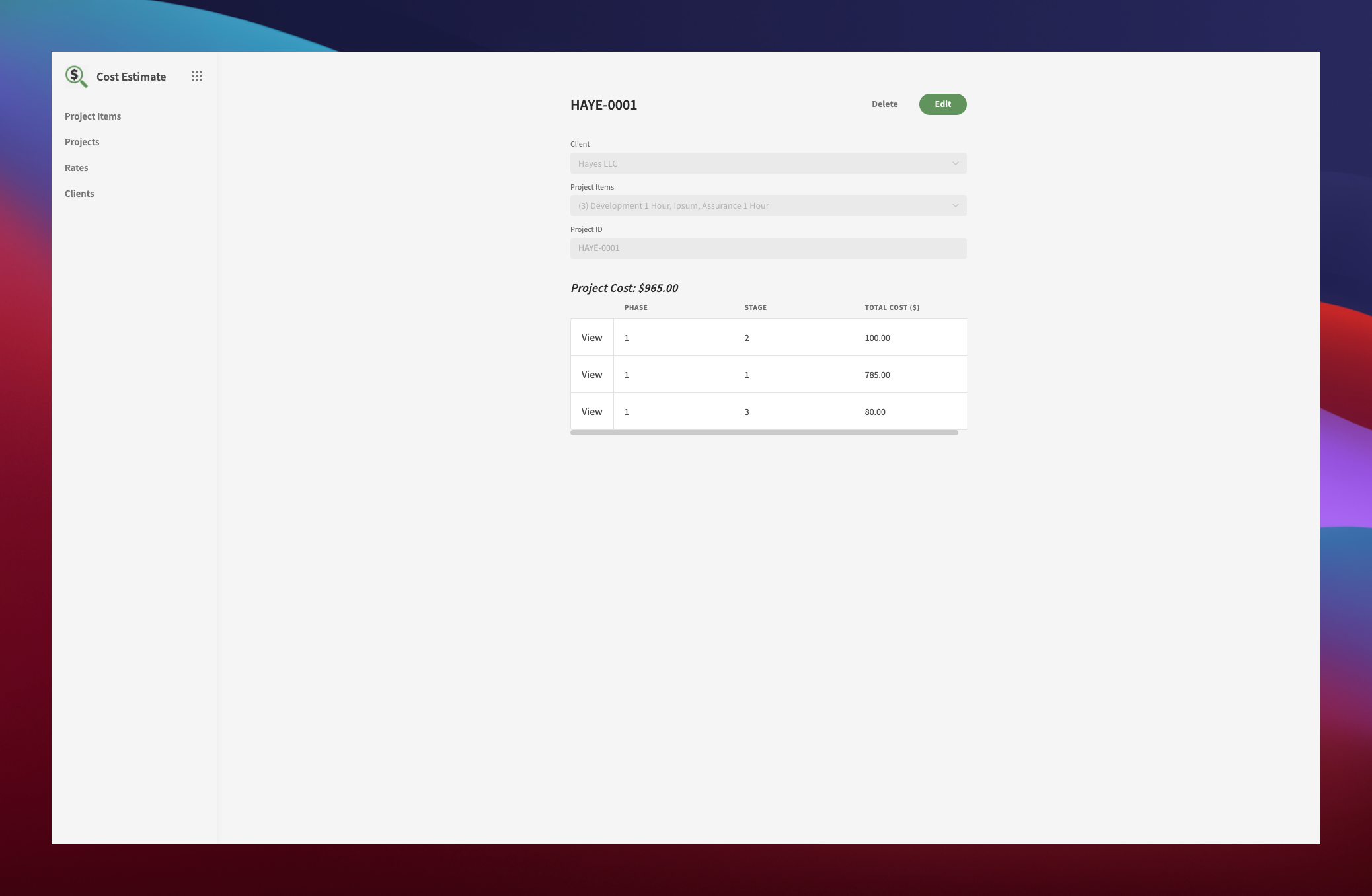 Project Cost Estimation Detail Screen