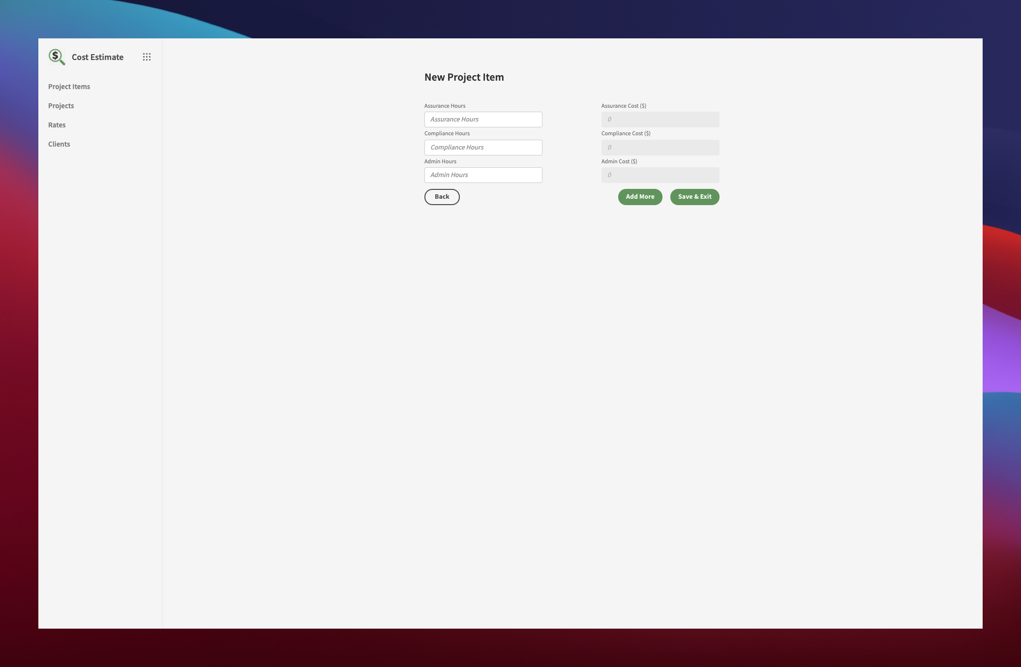 Cost Estimation Form Tool