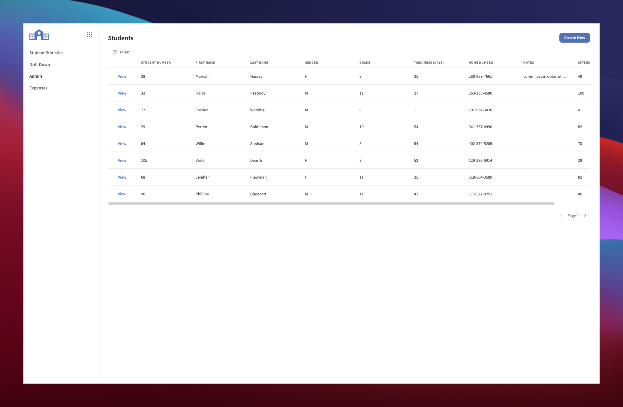 School Admin Panel Template Student Search Screen