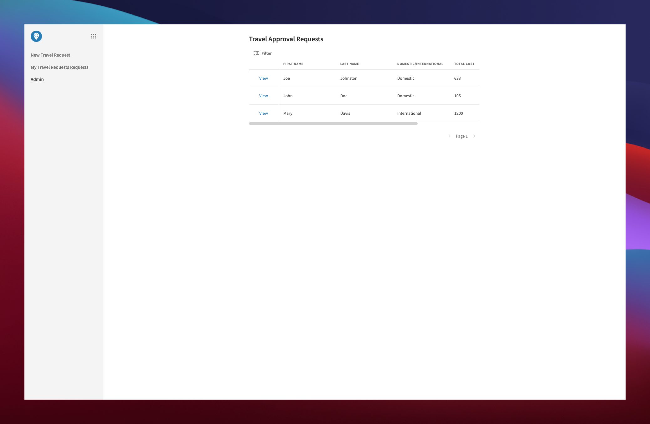 Travel Approval Request Template Listing Screen