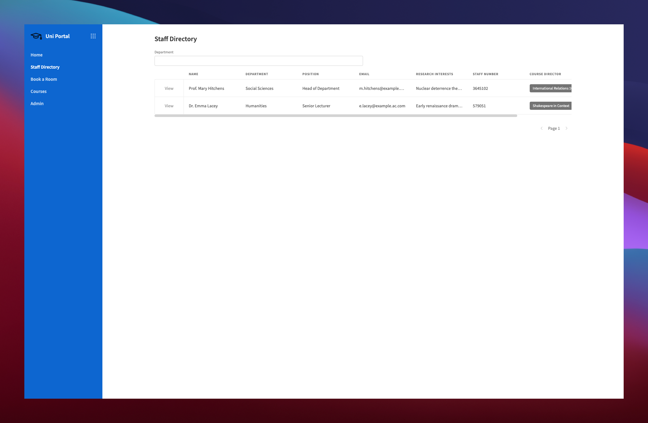 Open-Source University Portal Staff Directory Screen